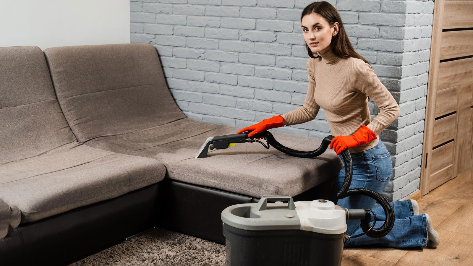 woman vacuuming sofa